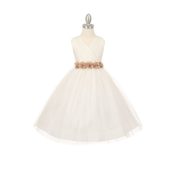 Charming Cream Kids Formal Dress with Floral Waistband